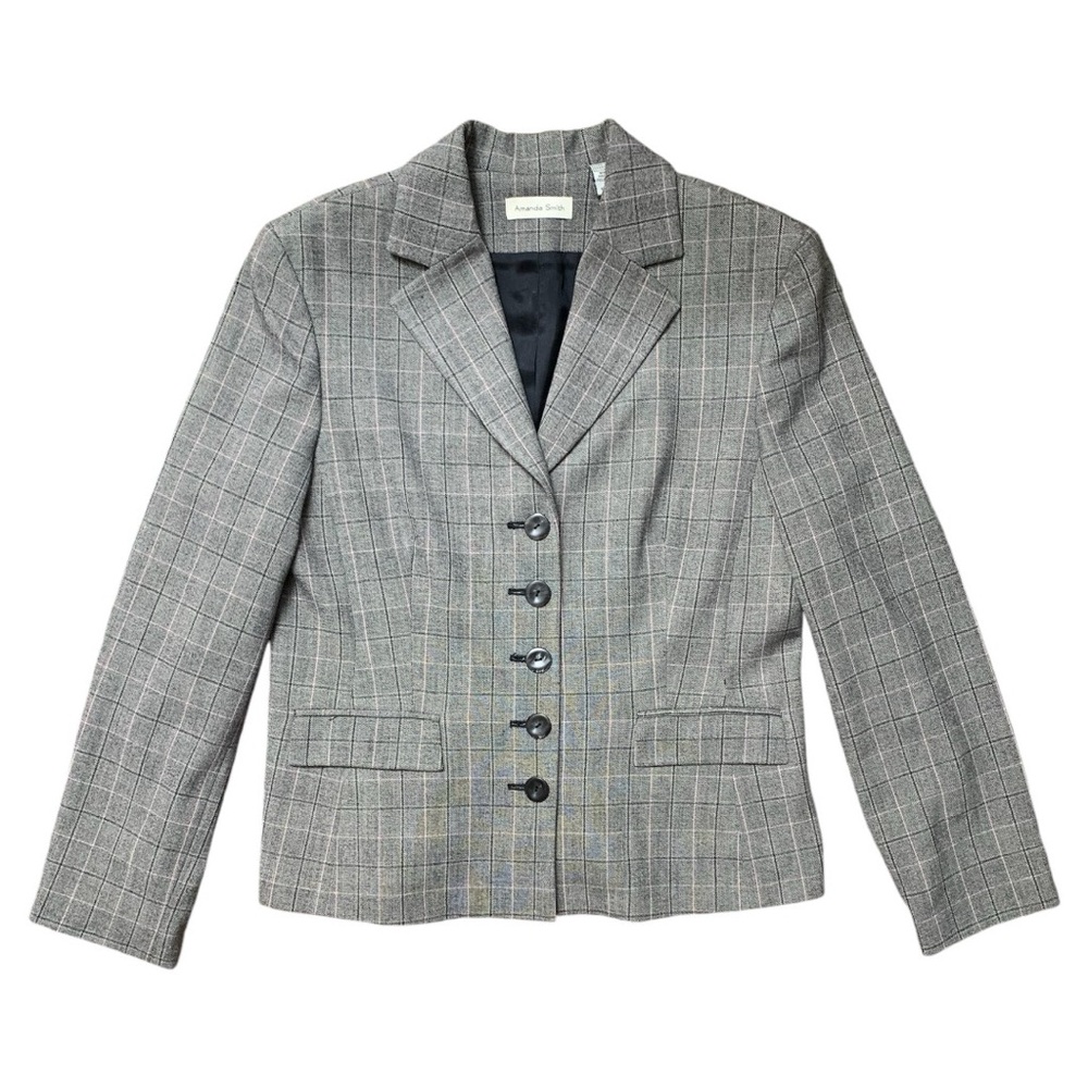 Amanda Smith women’s gray plaid blazer, size 12, V-neck, pockets, button closure